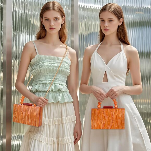 Women's Orange Acrylic Marbling Clasp Closure Formal Wedding Cross Body Clutch - Picture 2 of 6